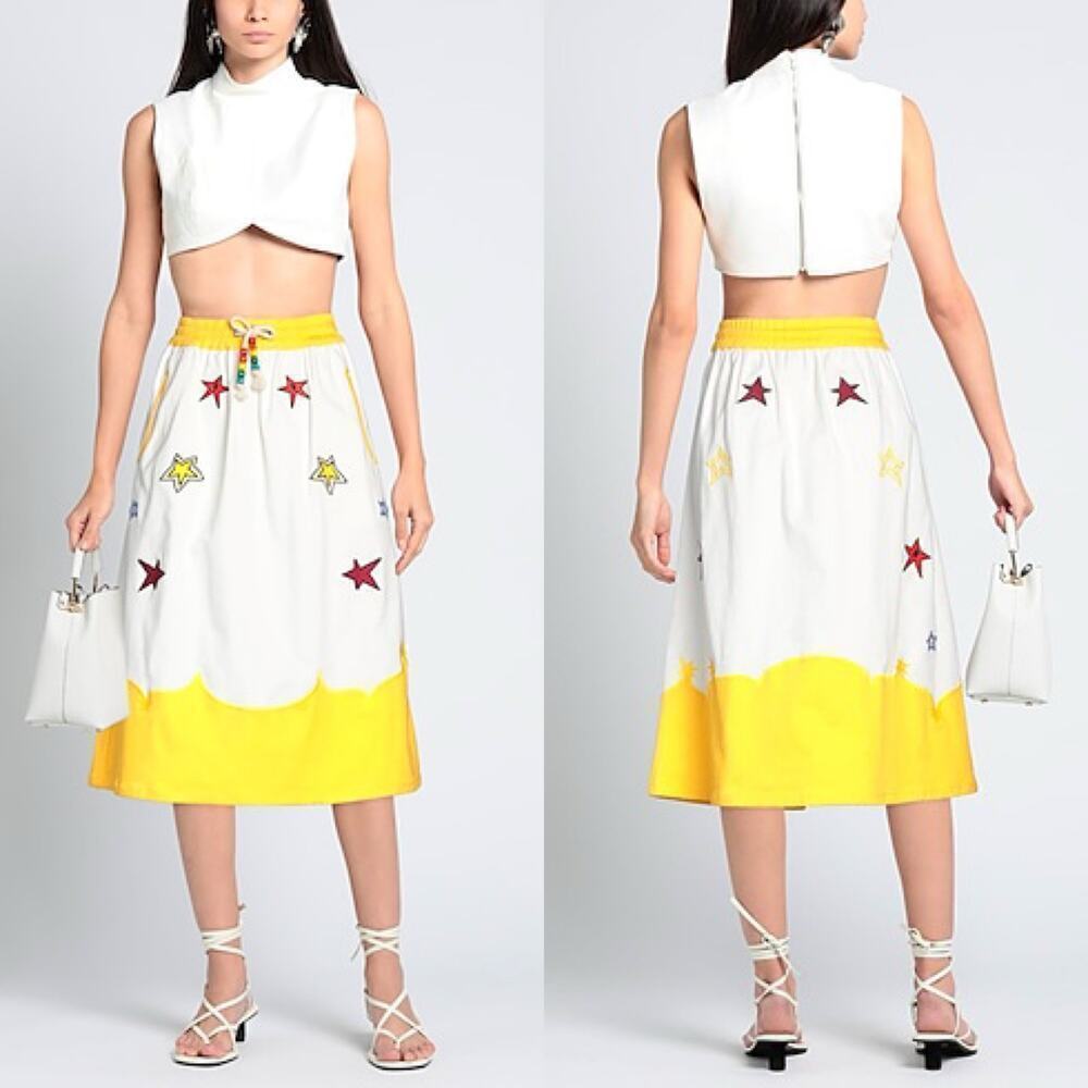 Mira Mikati midi skirt star embroidered yellow trim beaded tie waist size M or 8